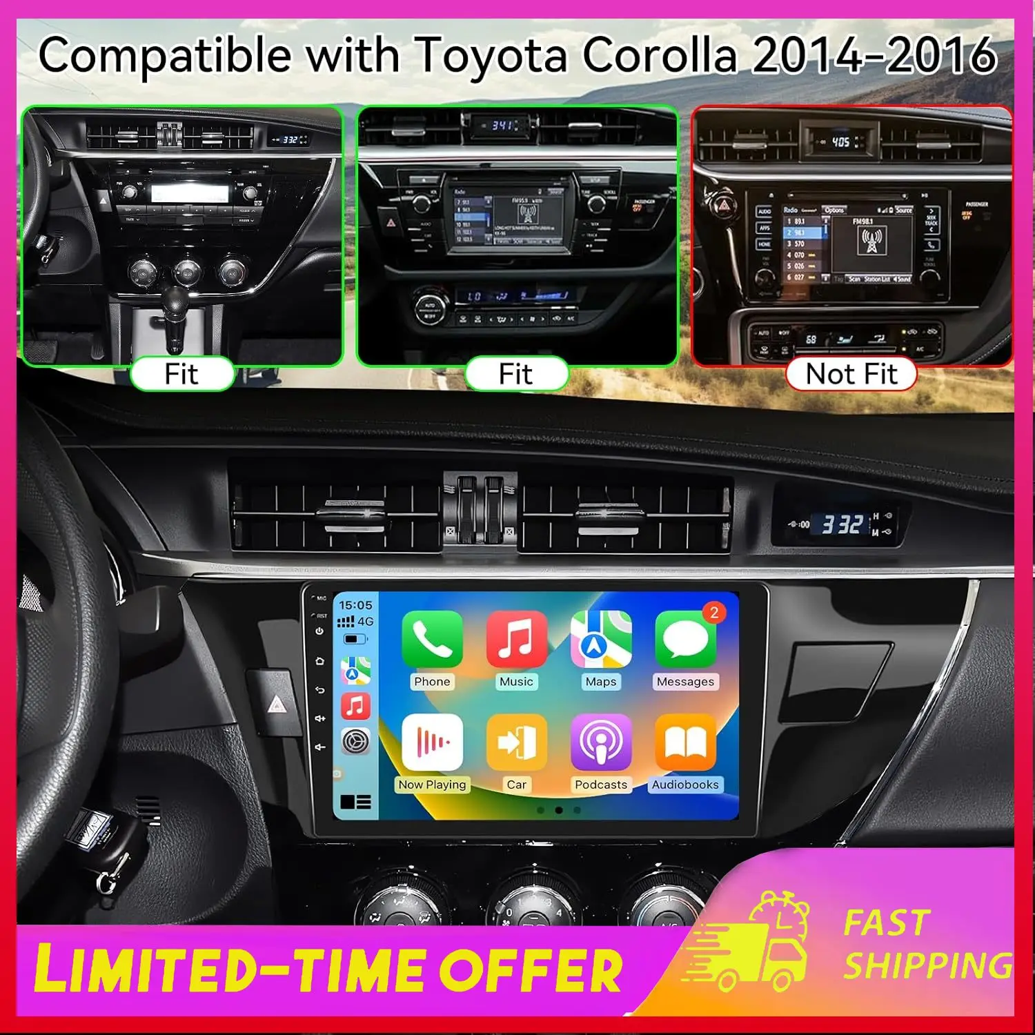 

10-дюймовая автомобильная стереосистема с GPS-плеером и поддержкой CarPlay для Toyota Corolla 2014-2016, Android 15, автомобильные аксессуары, 2+32 ГБ