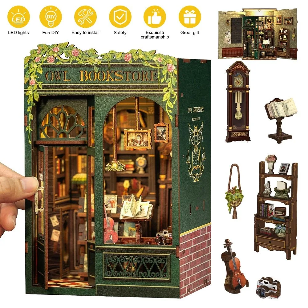 DIY-Buchstützen-Modell zum Zusammenbauen, handgefertigte Buchstütze, dekorativer Buchhalter für den Schreibtisch, Miniatur-Buchstützen-Modellbausatz mit LED-Licht