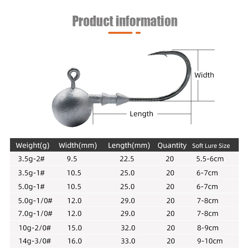 LSP 20pcs Jig Head Fishing hook 3.5g 5g 7g 10g 14g Round Ball Jig Head Hook Weedless Fishhook Carbon Steel Fishing Accessories