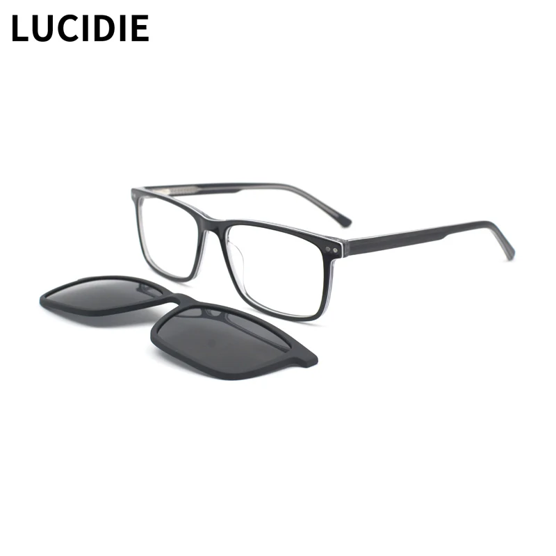

LUCIDIE Men's Business Acetate Optical Glasses 2 In 1 Magnetic Clip On Sunglasses Square Frame for Conference Travel 9103