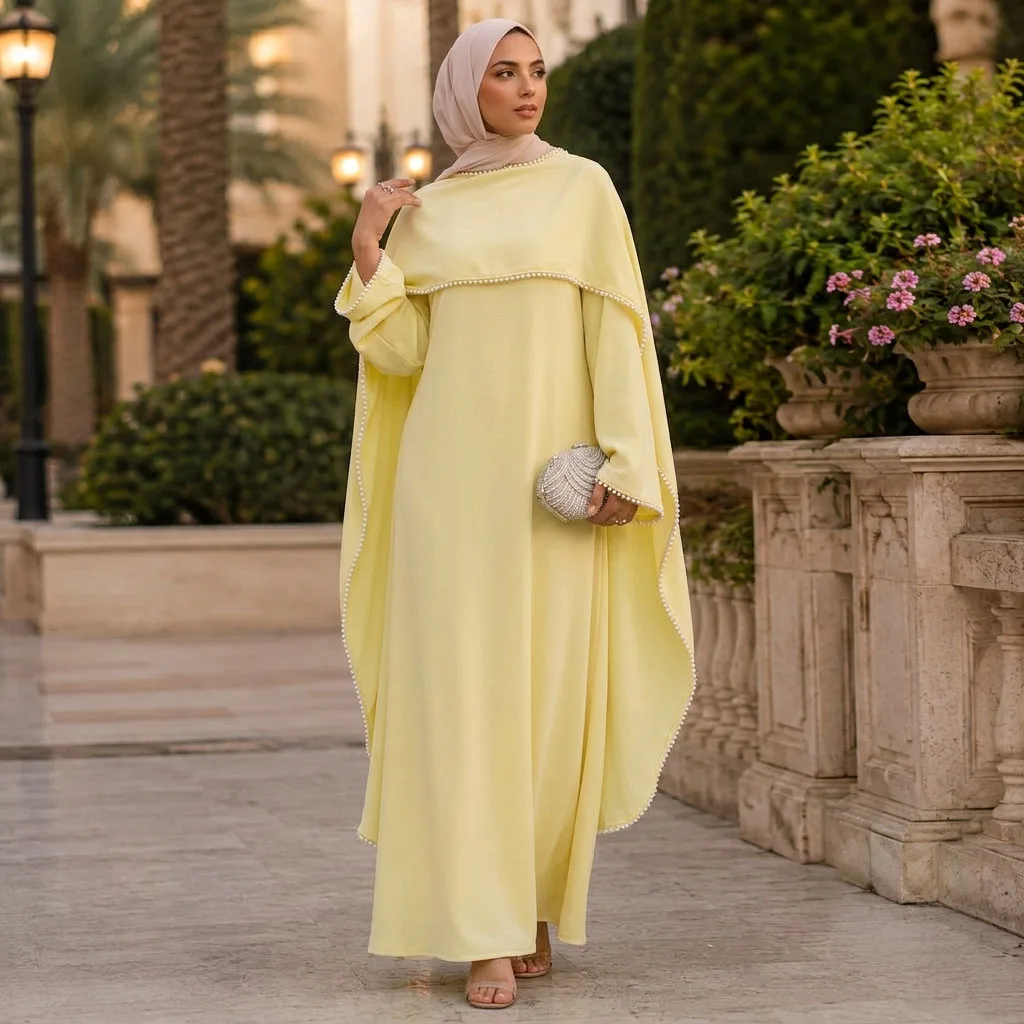 Elegant Pearls Trim Shawl Detail Maxi Dress Slim-Fit O-Neck Long Sleeves Muslim Women Abaya Dress Ramadan Eid Party Islamic Rob