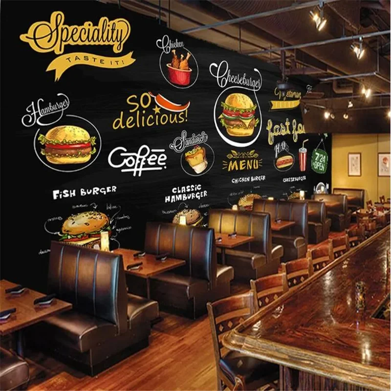 Custom Mural Wallpaper 3D Hand-painted Blackboard Western Restaurant Pizza Hamburger Fast Food Shop Background Wall Paper 3D