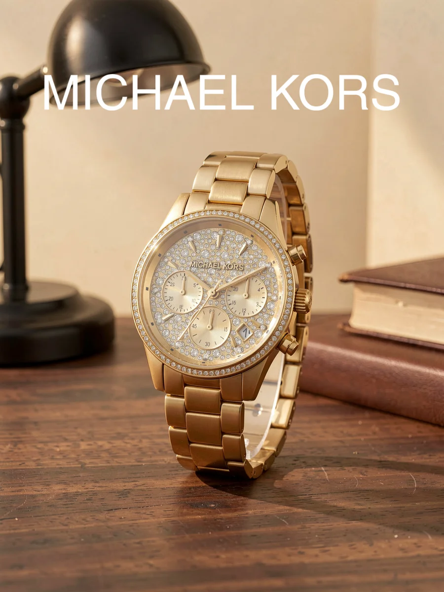 Michael Kors MK7310 Women's Watch Gold Steel Bracelet Full Crystal Dial Chronograph Wristwatch For Party gathering Birthday gift