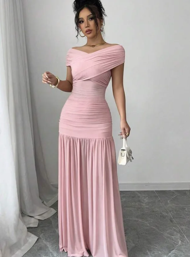 Customized High Quality Floor Length Strapless Wrinkle Off Shoulder A-line Pink Women Dress Evening Gown Prom Dresses  فساتين