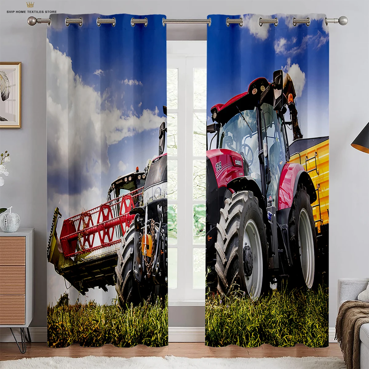 Cortinas de Tractor Harvester, Cortinas Estilo Pastoral de Girasoles, 2 Paneles, para Sala de Estar, Dormitorio, Balcón, Decoración Rústica, Cortinas Opacas