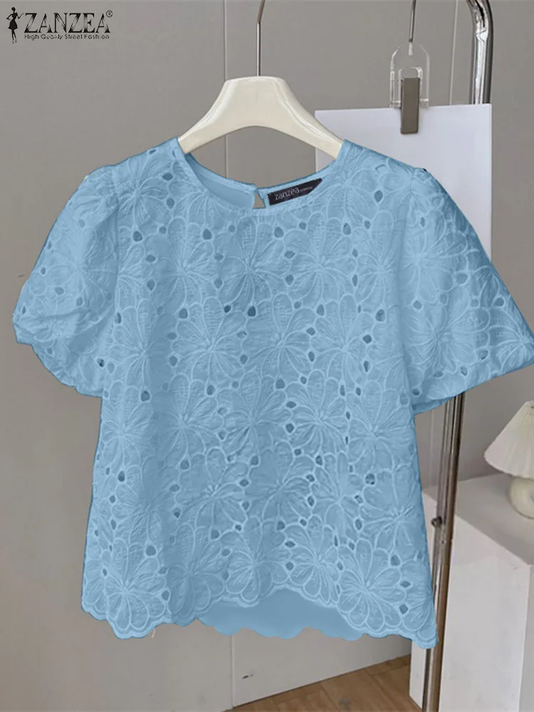 ZANZEA-Chemisier à manches courtes bouffantes pour femme, broderie en dentelle, col rond, décontracté, élégant, transparent, été, 2024