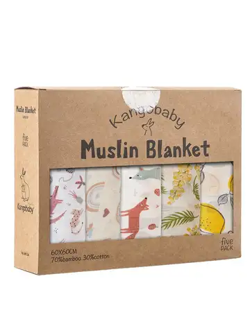 Kangobaby #My Soft Life# New 5pcs Pack Multi-Functional Bamboo Cotton Newborn Muslin Bib Antibacterial Baby Burp Cloth Set