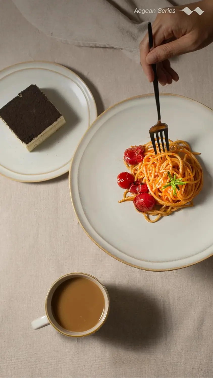 에게해 석기 식기 세트 8인용, 접시 및 그릇 세트, 24피스 스크래치 방지 식기 세트, 수제 불규칙 원형 D