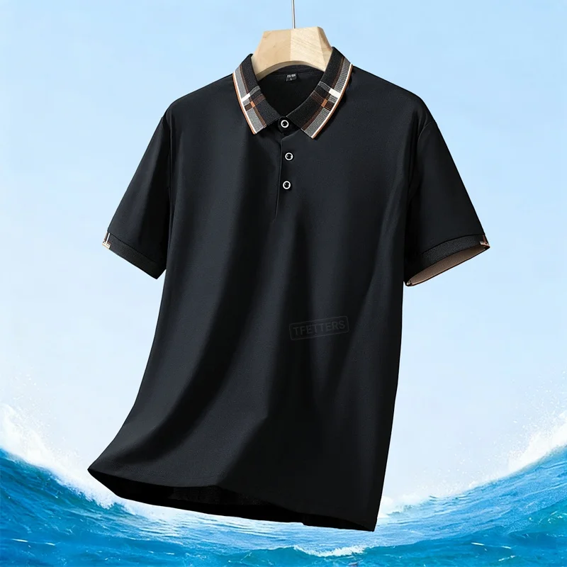 TFETTERS 2026 Summer Classic Polo T-shirt Men Plaid Collar Ice Silk Anti Wrinkle Breathable Black Office Short Sleeve Top Men