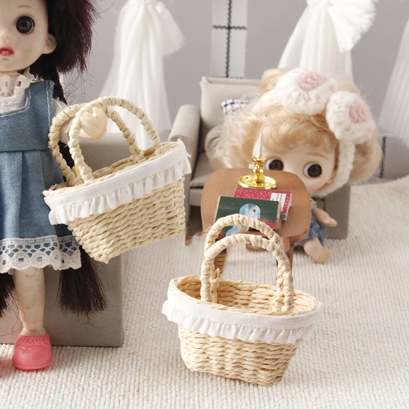 Modelo de Cesta Mini Trançada para Casa de Bonecas 1/12, Decoração de Móveis para Brincadeiras de Faz de Conta