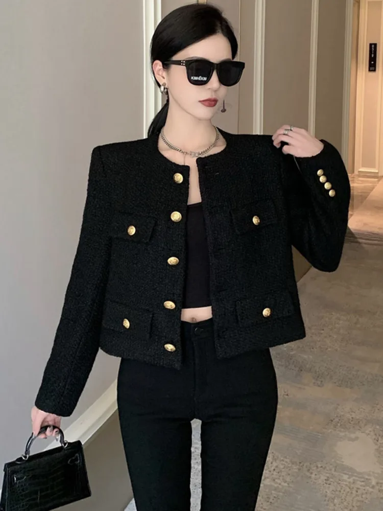 Fall Winter French Vintage Small Fragrant Tweed Jacket Coat Women Elegant Casual Woolen Short Coats Streetwear Outwear Crop Top