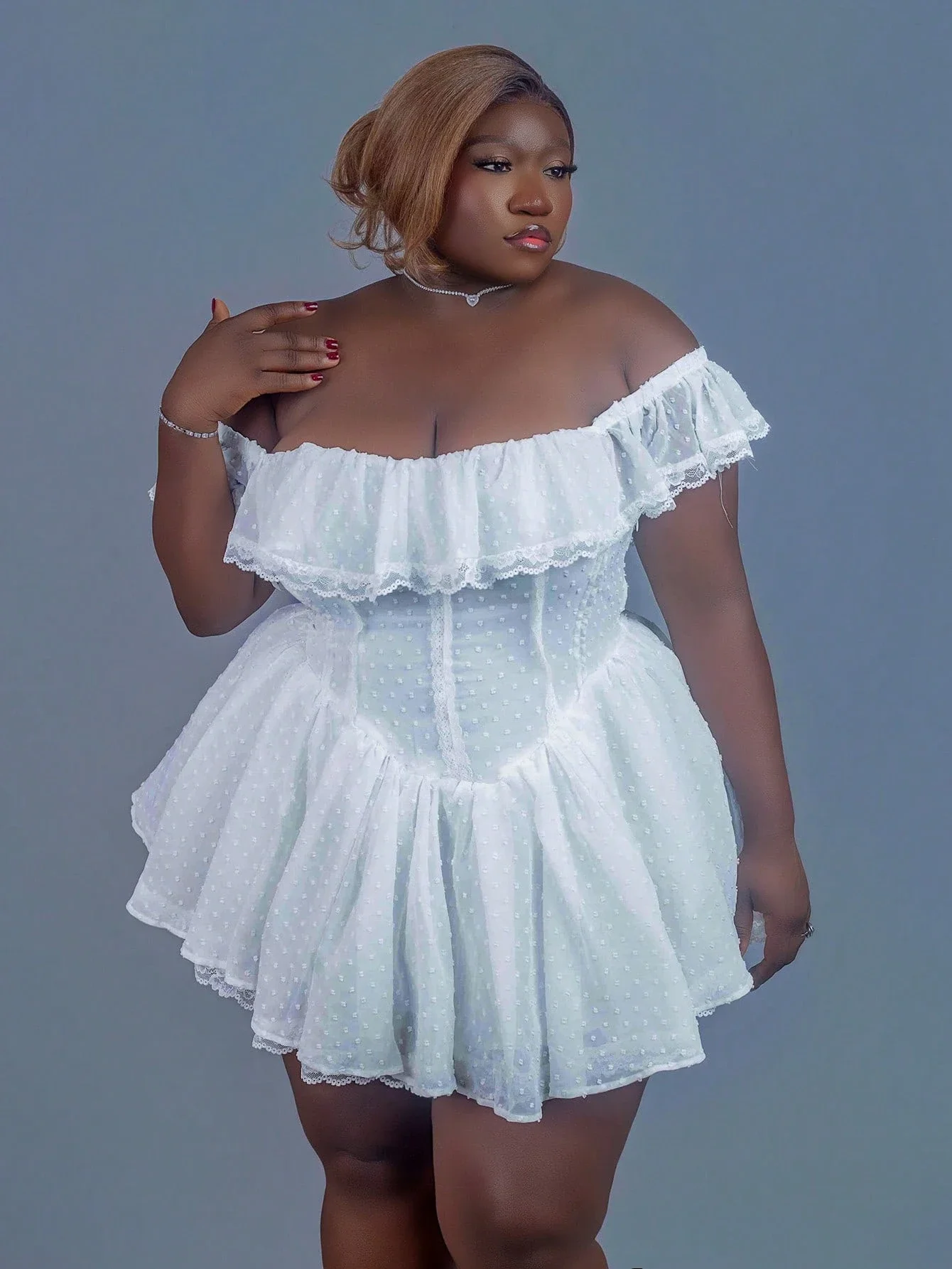 

Off Shoulder Ruched Lace Trim A-Line Mini Dress For Women Sweet Sexy Solid White