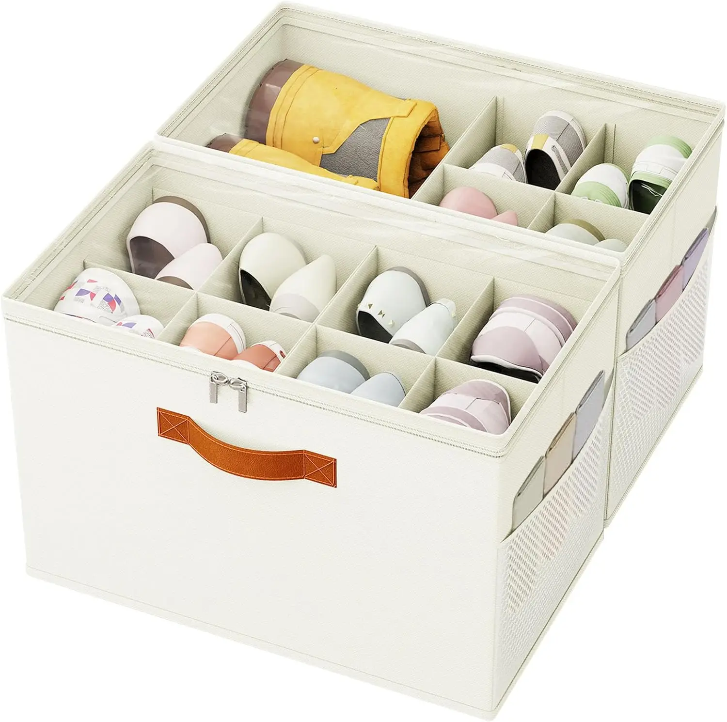 

2 Pack Shoe Organizer for Closet,Foldable Shoe Storage Organizer with Adjustable Dividers, Shoe Storage Box with Clear Cover,