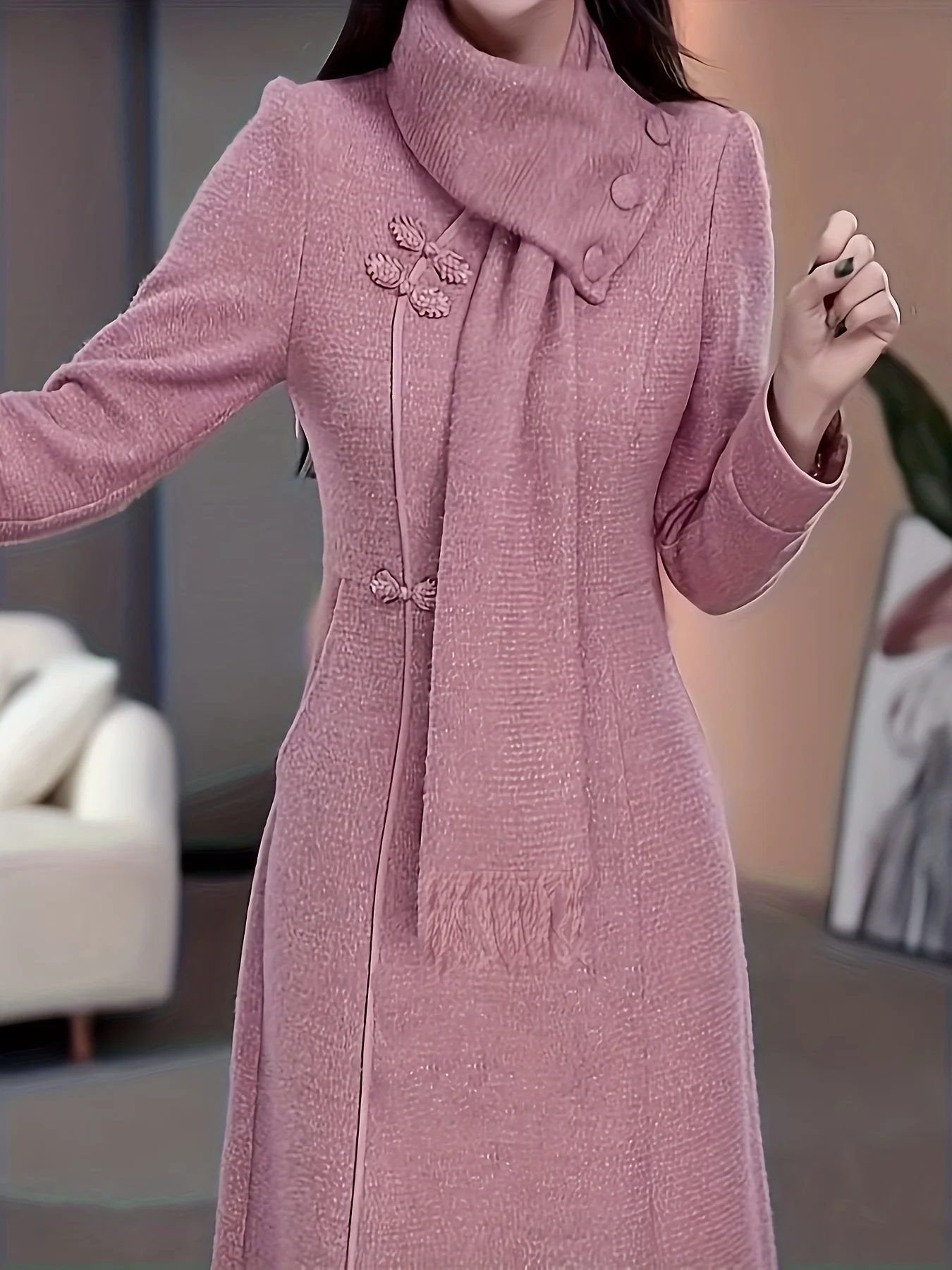 

Women's Pink Cheongsam Style Woolen Dress Long Sleeve High Neck Elegant Winter Maxi Dress