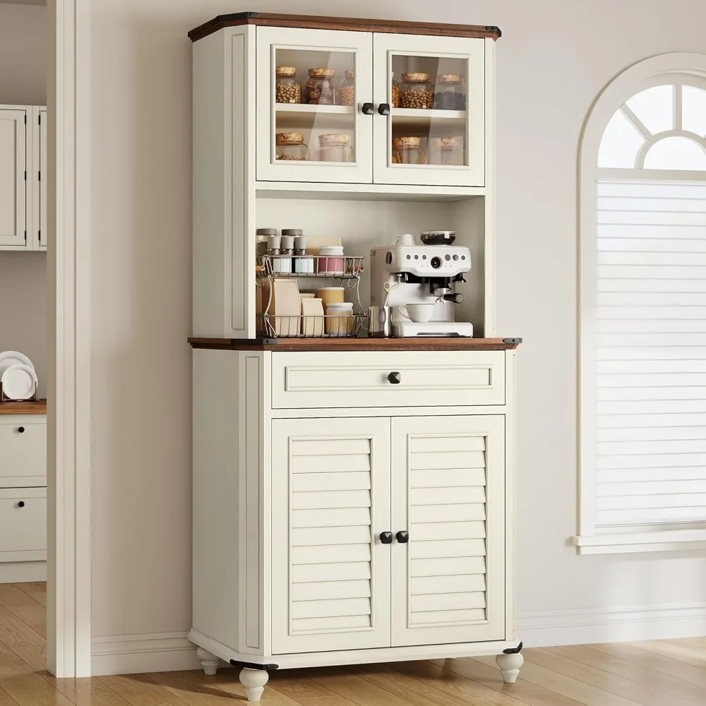 

67" Kitchen Pantry Storage Cabinet, Farmhouse Buffet Cabinet w/Microwave Stand, Coffee Bar with Shutters Doors and Drawer, Kitc
