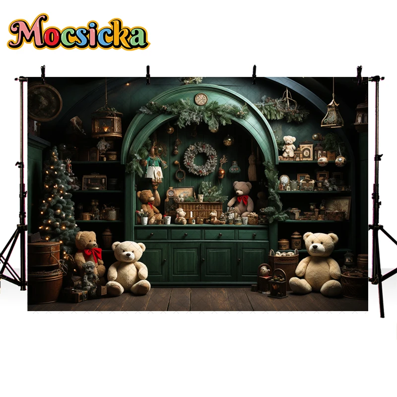 Mocsicka Merry Christmas Photography Backdrops Baby Kids Portrait Photocall Xmas Tree Green Door Cupboard Decorative Background