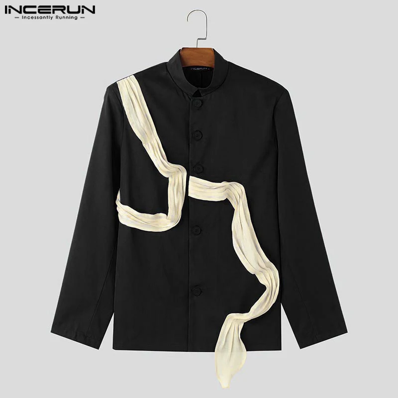 INCERUN Magliette e camicette 2024 di Stile Coreano Degli Uomini Bello di Modo Irregolare Nastro Splicing Vestito Cappotto Casual Maschile Allentato Giacca a Maniche Lunghe