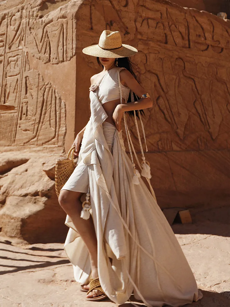 

TIYIHAILEY Dresses Sleeveless Women Summer Ladies Beige Irregular 2026 Detachable Flowers Long Maxi Sexy Fashion Lace Up