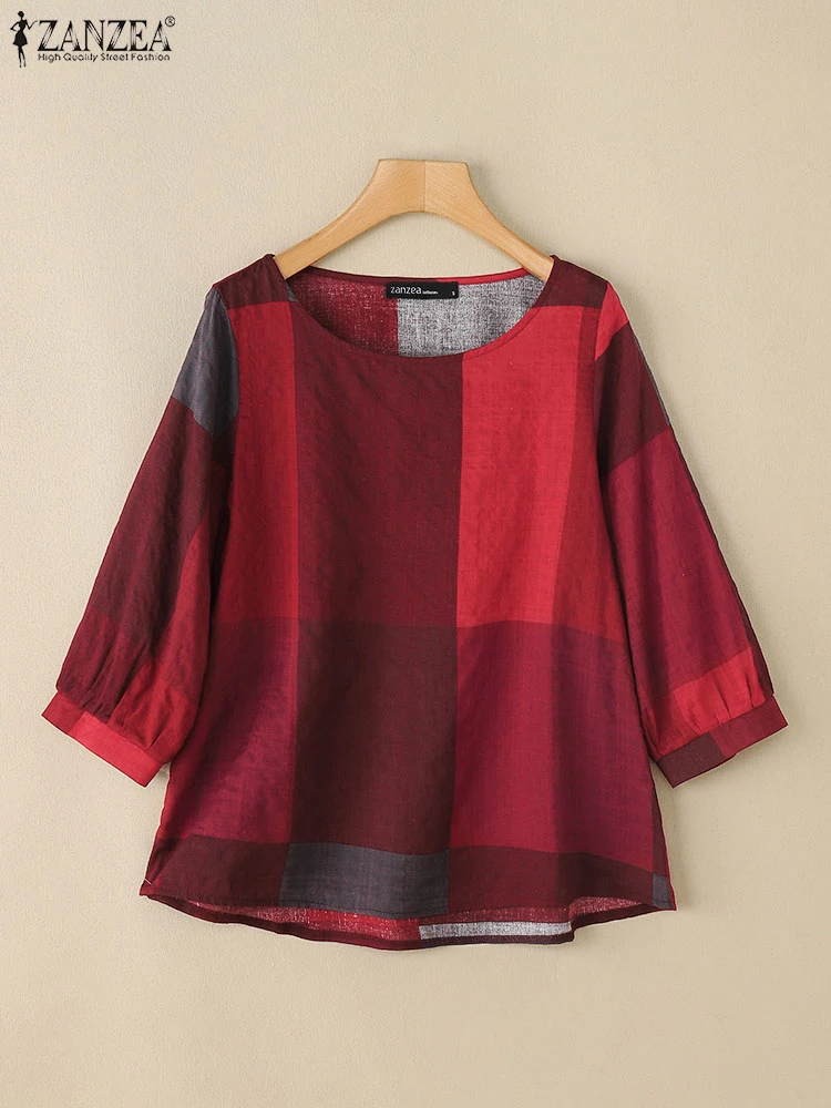 ZANZEA Damen-Vintage-Hemd, 2025, Herbst, lässig, locker, kariert, kariert, Tops, elegante Rundhals-Tunika, 3/4-Puffärmel, Retro-Bluse, Blusa