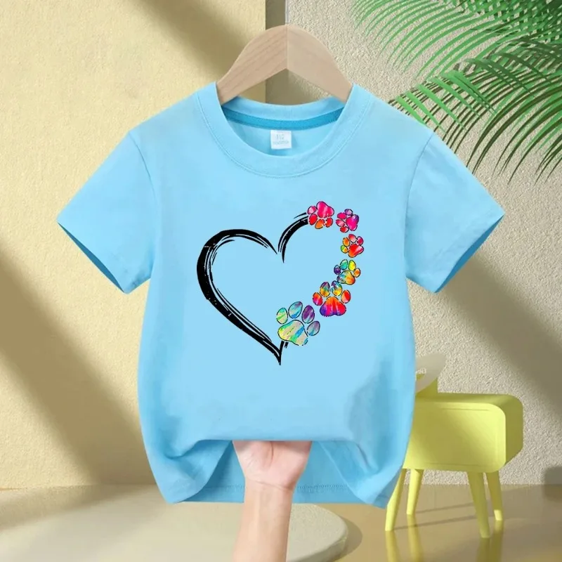 Colorful Dog Paw Pattern Pure Cotton Printed Children's T-shirt Personalized Round Neck T-shirt New Parent-child Fashion T-shirt