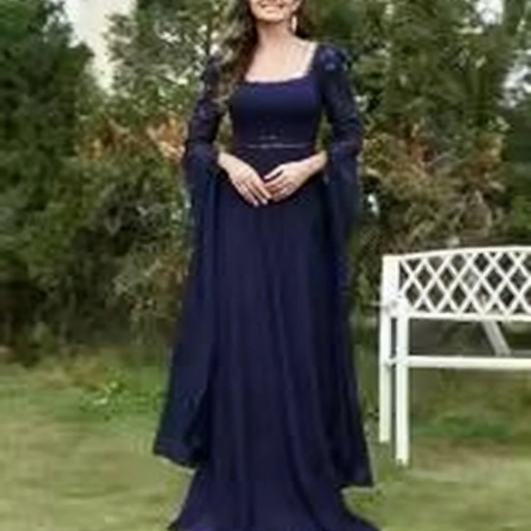 

Customized Chiffon V-Back Long Sleeves Navy Evening Dresses formal evening dresses birthday party prom gowns for women