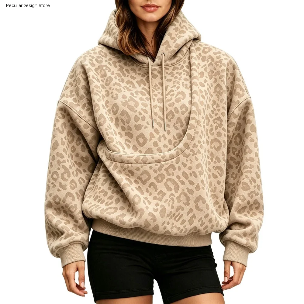 Oversize Leopard Print Sweatshirt Oversized Double Layer Hood Hoodie Kangaroo Pocket Long Sleeve Pullover Sweatshirt Winter