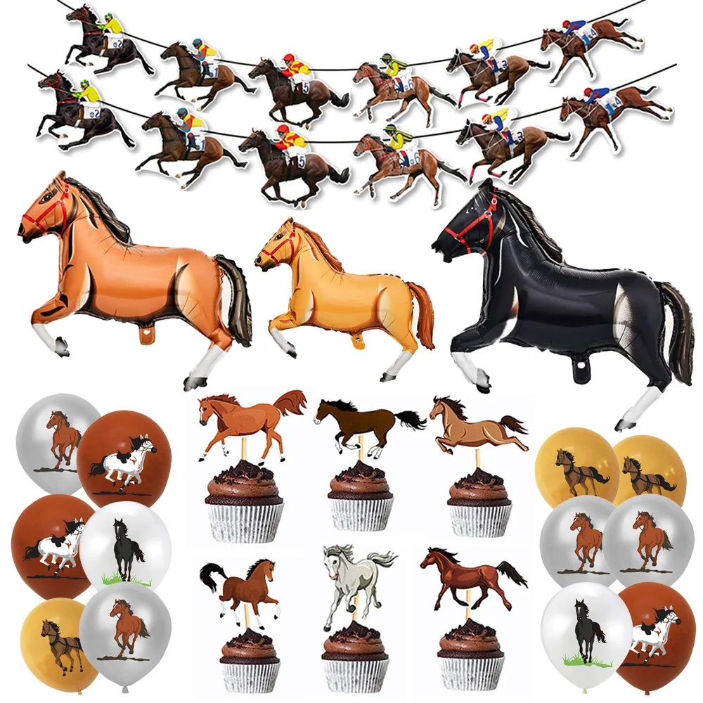 

Horse Cowboy Birthday Decorations Kids Boys Race Horse Party Supplies With Banner Cake Topper and Horse Balloons