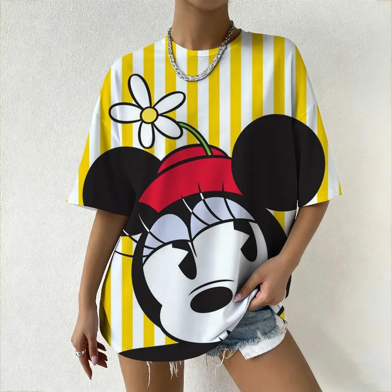 

Women's Disney Minnie Mouse Floral Striped Graphic T-Shirt Trendy Summer Top for Streetwear Parties & Casual Fashion Enthusiasts
