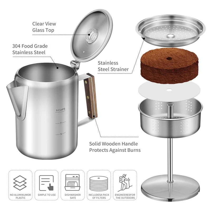 

ABKO-Material Camping Coffee Percolator 9 Cup With 90Pcs Filters-Stainless Steel Coffee Pot,For Home& Outdoor