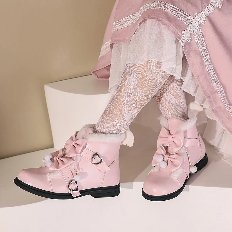 Sweet Lolita Grils Ankle Boots Butterfly-knot Faux Fur Plush Ball Low Heels Winter Bride Wedding Shoes JK Gothic Wing Plus Size