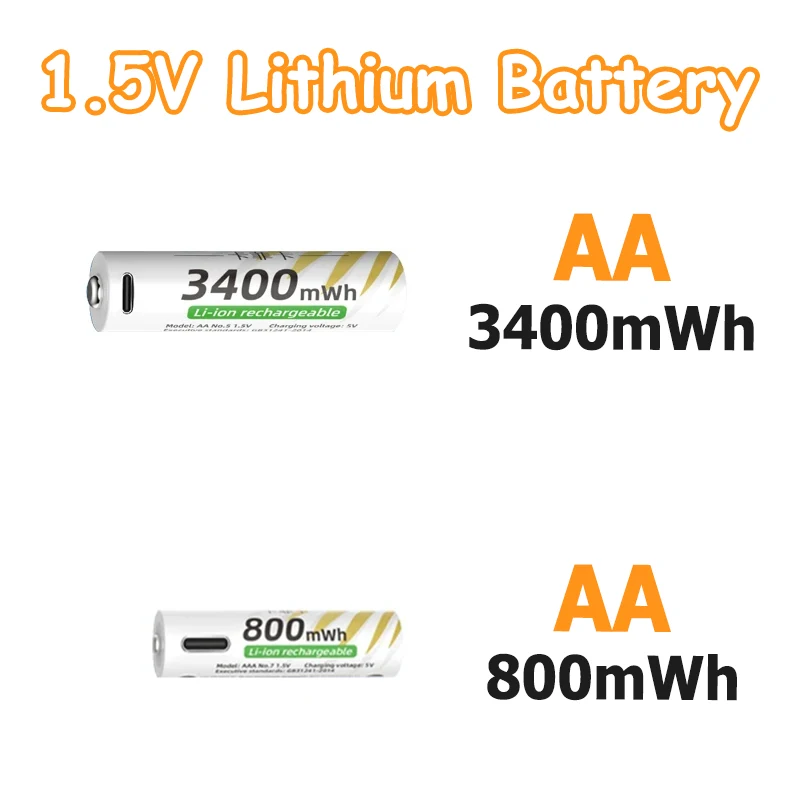 1.5V AA 3400mWh + AAA 800mWh Rechargeable Lithium Battery Set with USB-C Fast Charging Type C Cable air transport