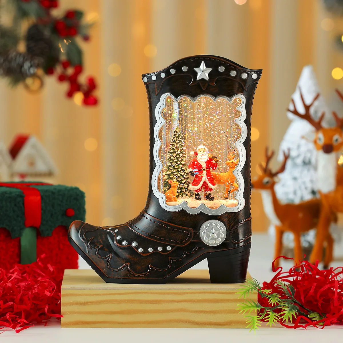 Creative new high-heeled boots, water-filled luminous music box, night light ornament, Christmas, prop gift.