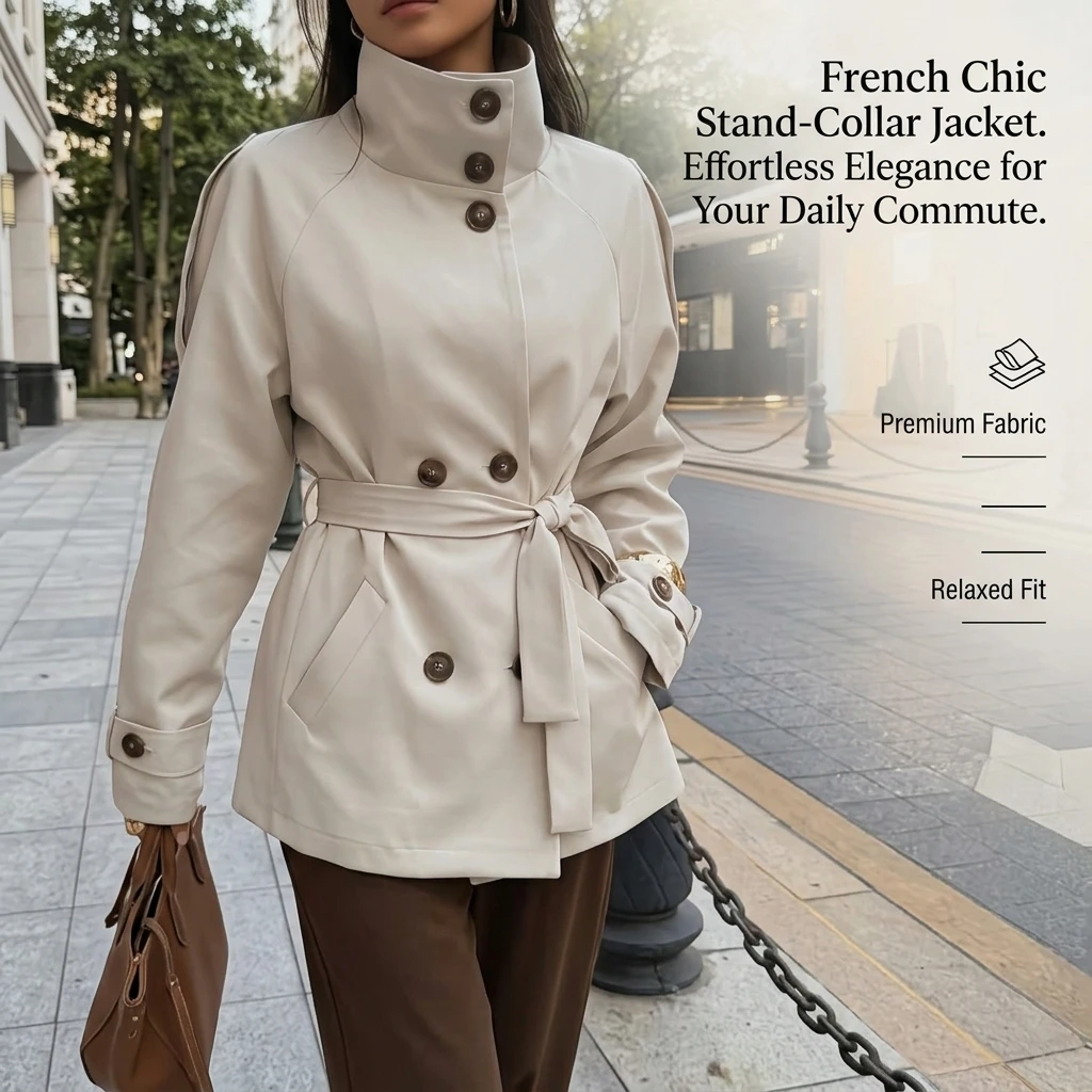 Short Trench Coat for Women French Style Stand Collar Loose Casual Windbreaker Jacket