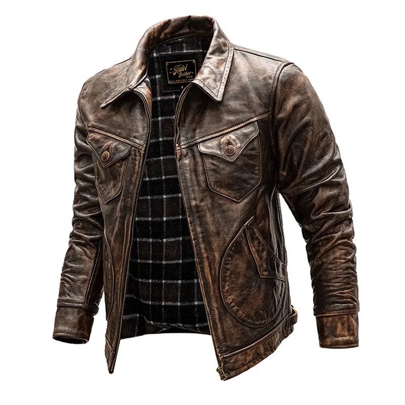 Polished men's lapel motorcycle jacket cowhide eather jacket autumn and winter coat 5XL motorbike jacket