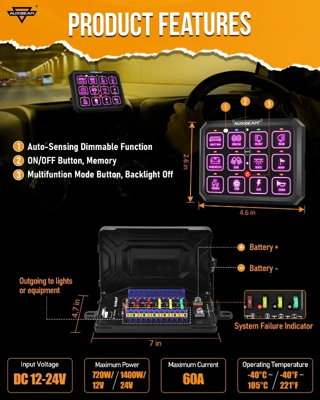 AUXBEAM 12 Gangs RGB Switch Panel Toggle/ Momentary/ Pulsed Mode Supported Electronic Relay System for SUV UTV RB120