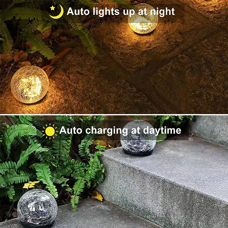 Lampe solaire LED imperméable à boule de verre craquelé, éclairage d'extérieur, luminaire décoratif, idéal pour un jardin, un balcon, une villa ou une rue