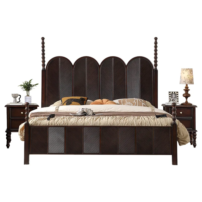 

French retro solid wood bed antique master bedroom 1.8 meters large bed simple Roman column carved double bed