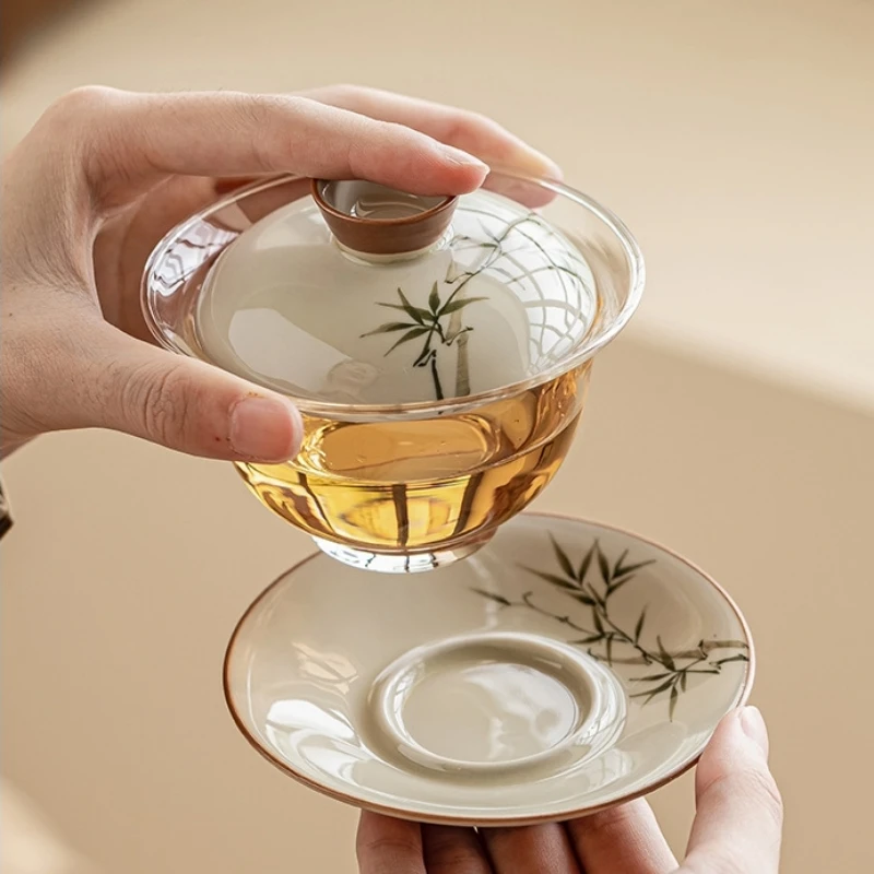 Hand Painted Bamboo Gaiwan For Tea Porcelain Tureen With Lid Glass Teaware Kung Fu Tea Ceremony Set Tea Bowls Chawan 150ml