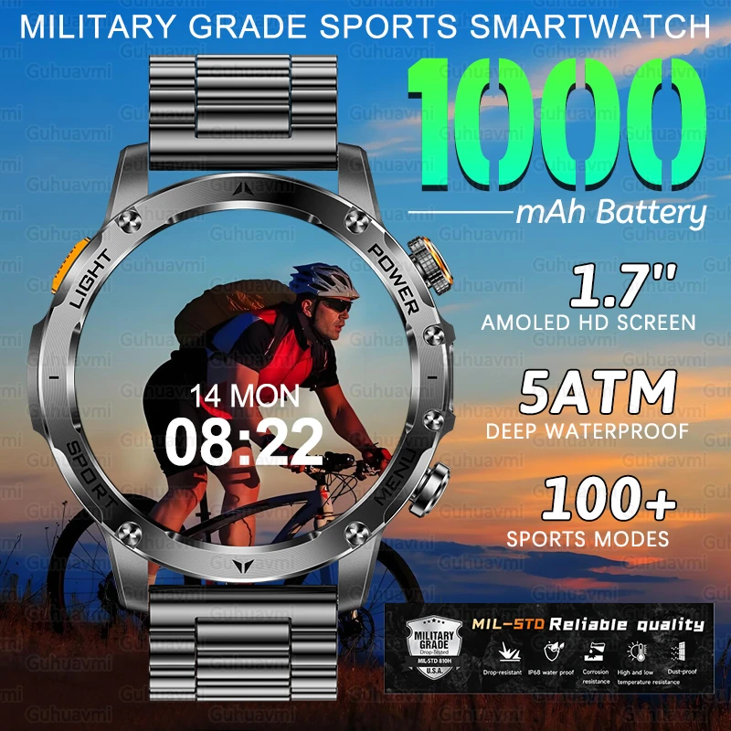 Reloj inteligente con batería grande de 1000mAh para hombres, llamada Bluetooth, monitoreo de salud, 5ATM, resistente al agua, más de 100 deportes, grado militar