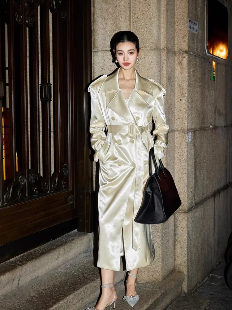 Lautaro Spring Autumn Long Shiny Flowy Soft  Satin Trench Coat for Women Belt Double Breasted Elegant Luxury Designer Closthes