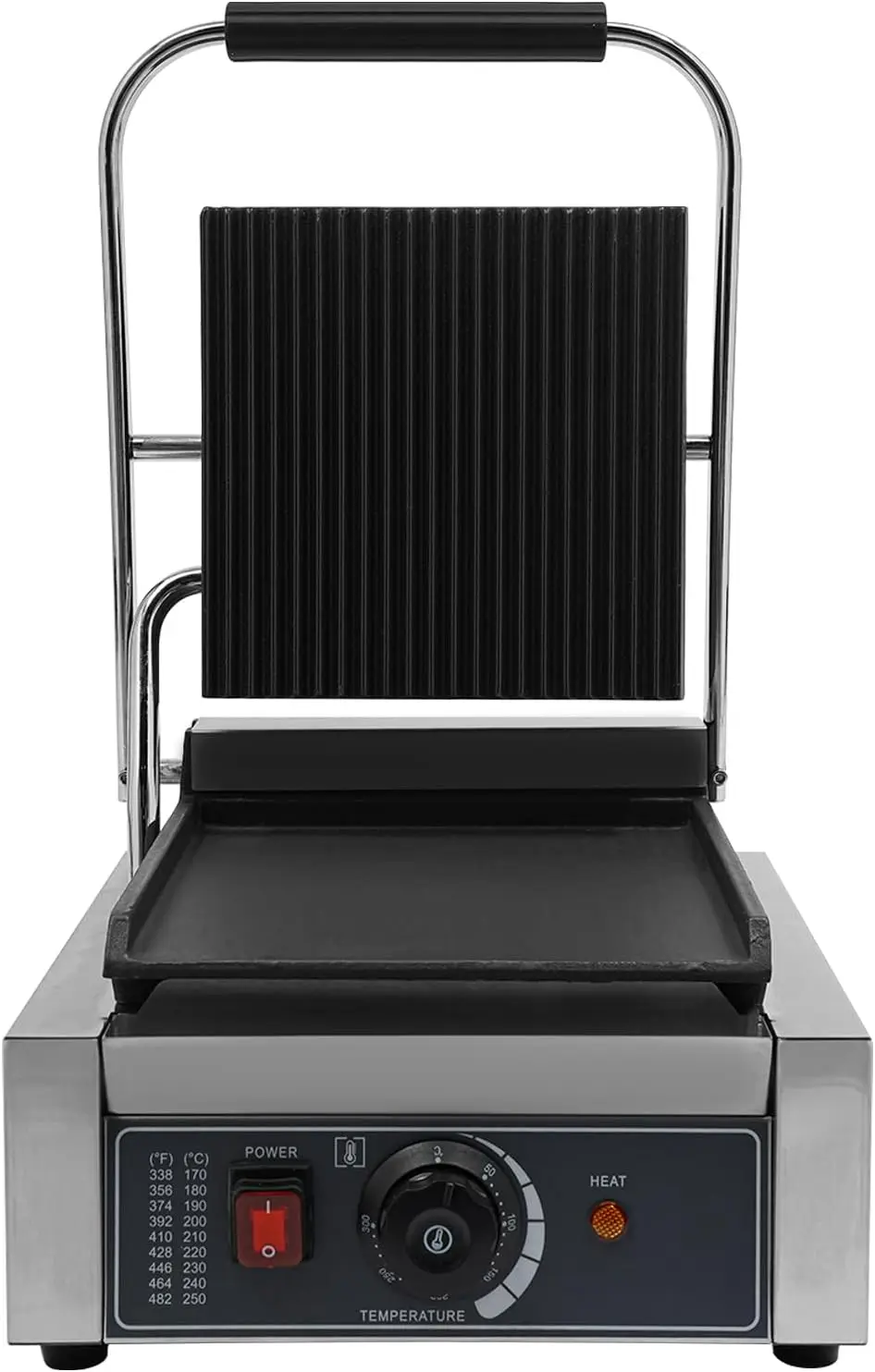 شواية بانيني التجارية بقدرة 1800 وات ماكينة صنع الساندوتشات الكهربائية المصنوعة من الفولاذ المقاوم للصدأ مع التحكم في درجة الحرارة و9 بوصة × 9 بوصة غير