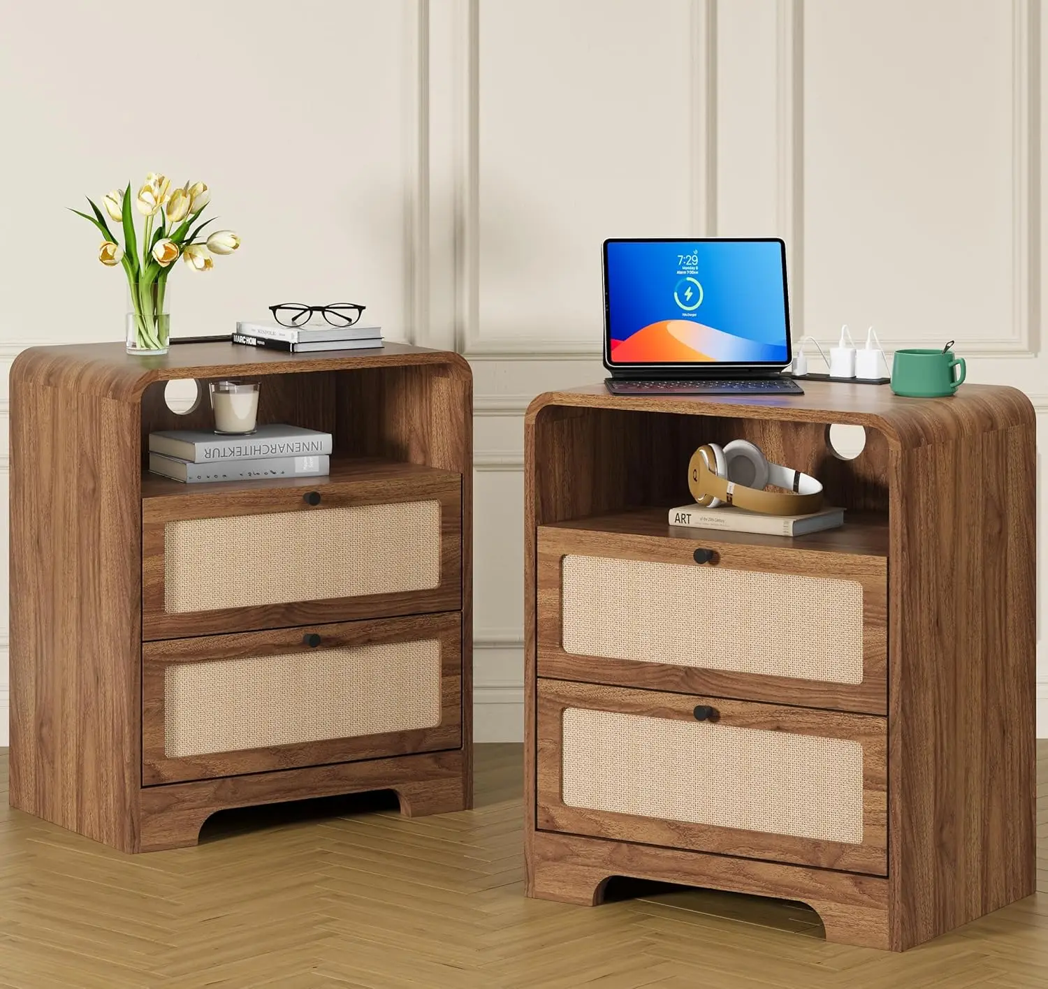 Set Of Two Nightstands With Charging Station Wooden Side Table End Table With Drawers Usb Type C Ports For Bedroom Living Room W