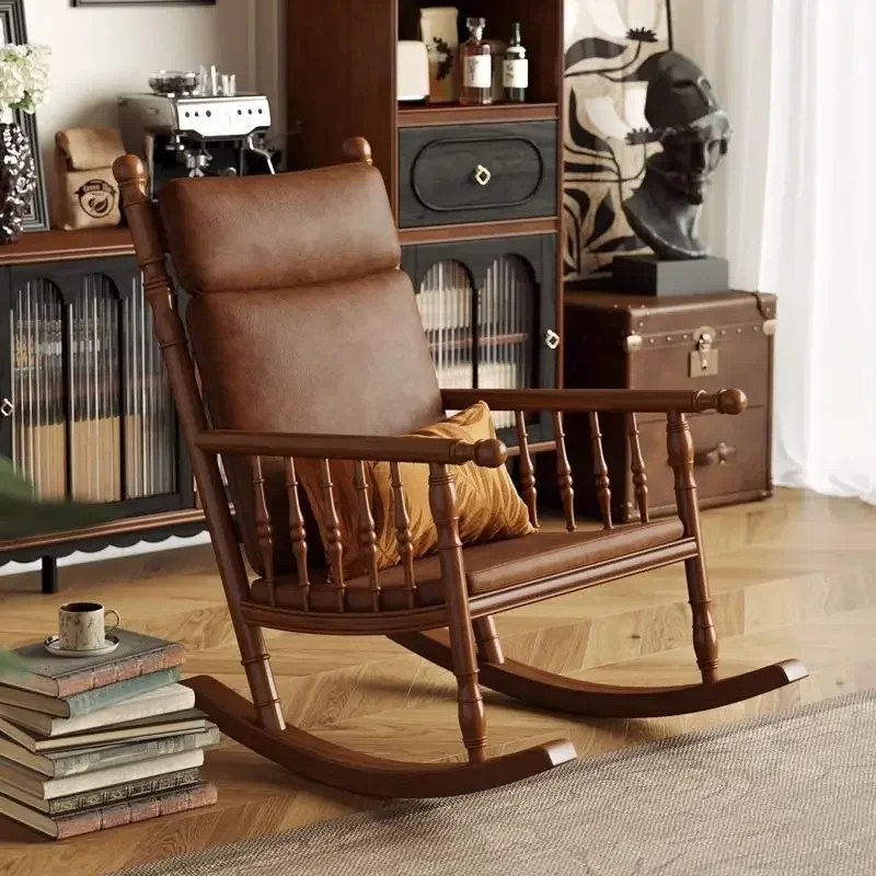 Retro recliner French rocking chair Adult home balcony Leisure living room Bedroom Simple lazy solid wood chair