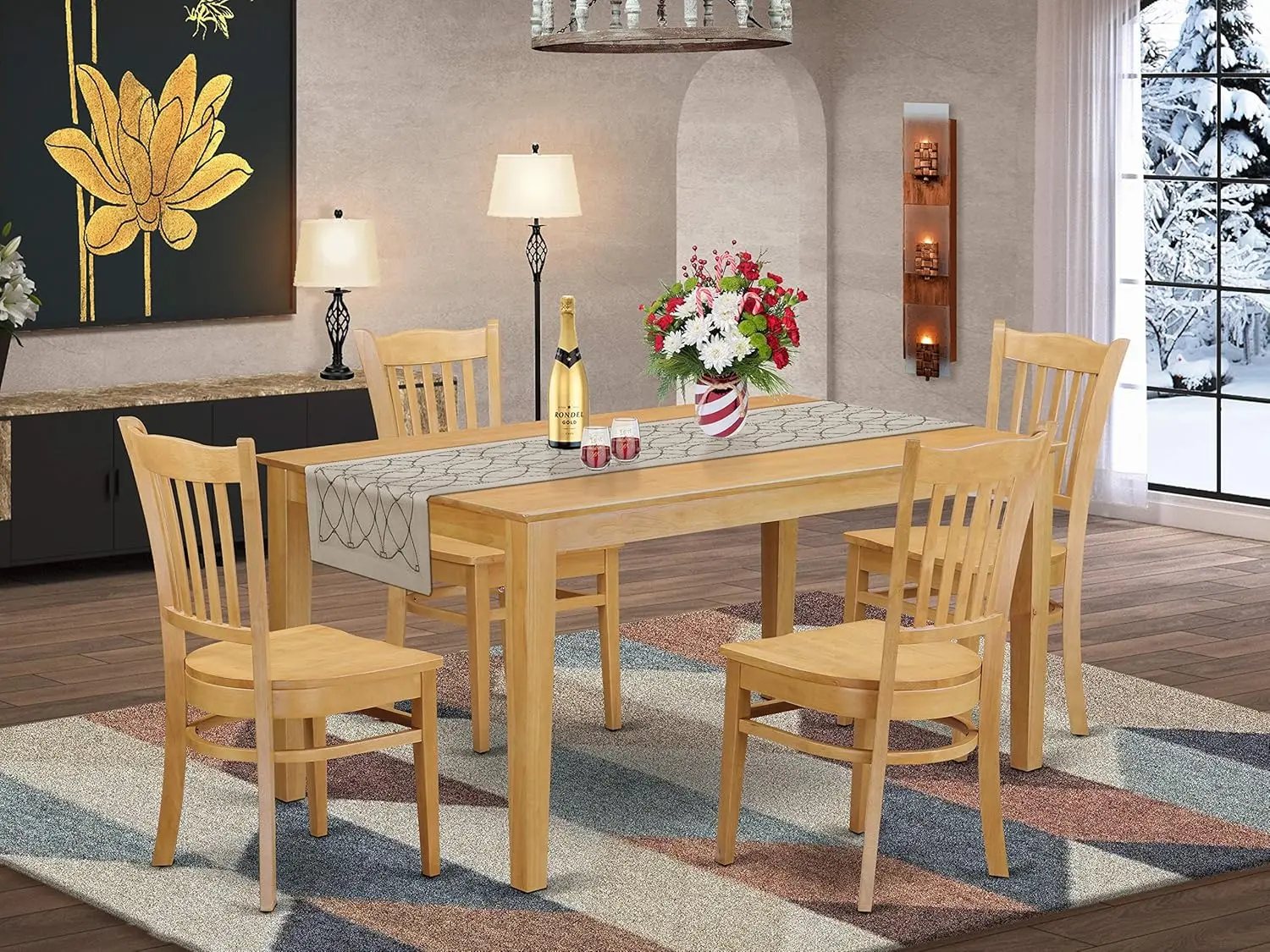 Cagr5-Oak-W Capri 5 Piece Room Set Includes A Rectangle Wooden Table And 4 Kitchen Dining Chairs, 36X60 Inch, Oak