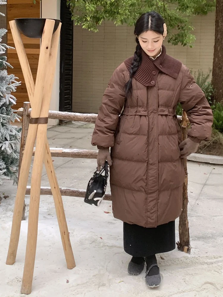 

Winter Warm Knitted Collar Mid Length Down Jacket Women White Duck Down Parker Outwears Female Thicken Drawstring Long Jackets