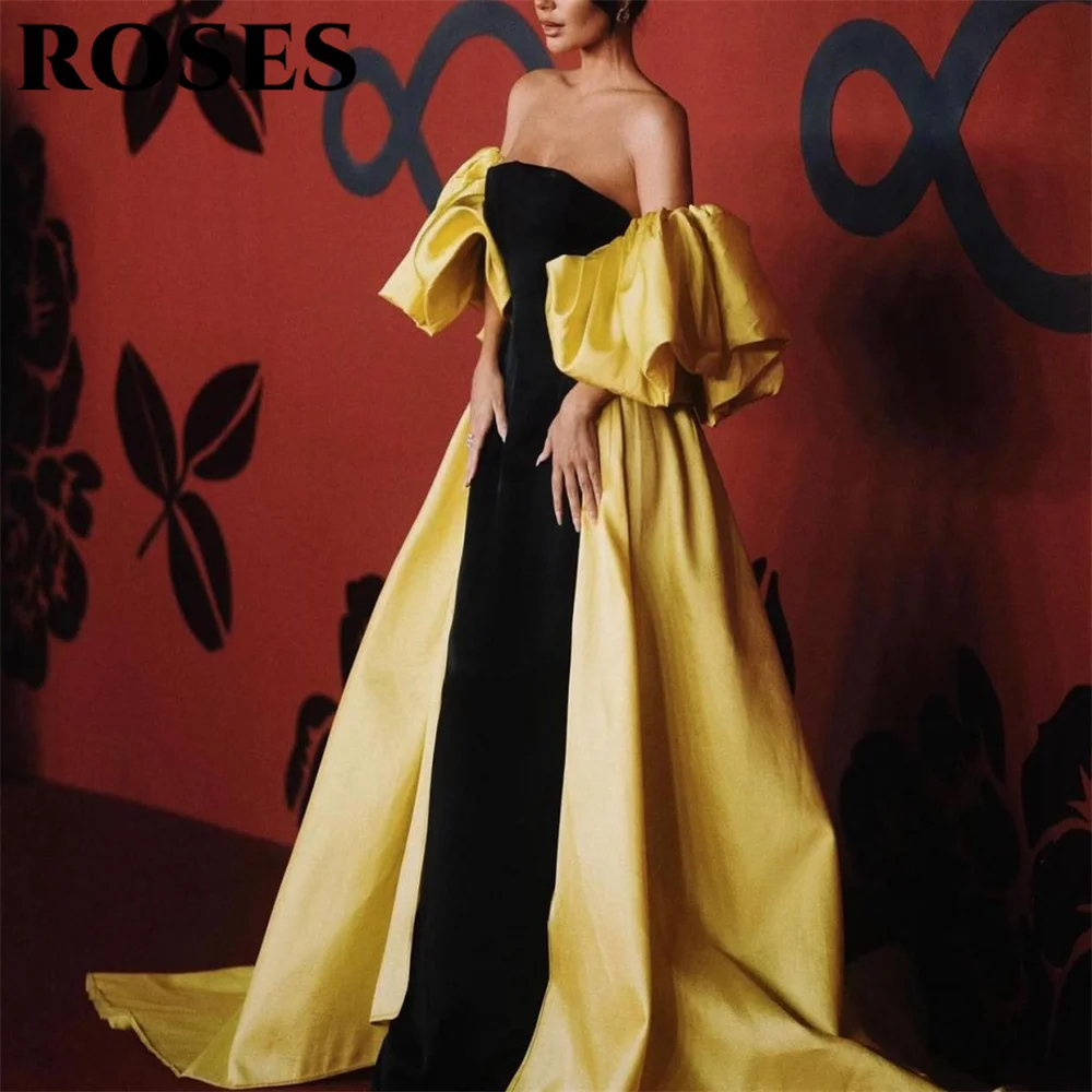 Vestido de fiesta con hombros descubiertos de rosas, vestido de noche de sirena, mangas abullonadas negras, vestidos de fiesta de noche de celebridades para mujer personalizados