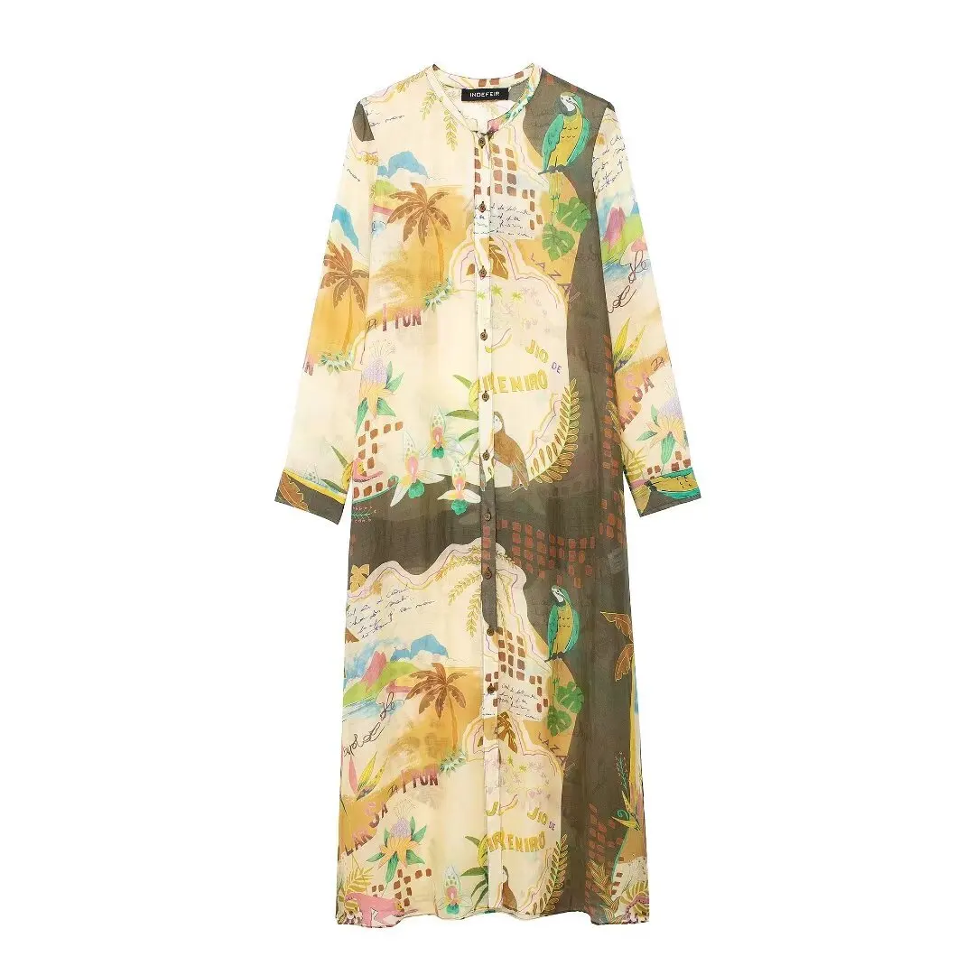  Women's Linen Round Neck Printed Shirt Dress Robe Long Sleeve Dress Elegant Party Beach Long Dress 2024 Summer New Fashion