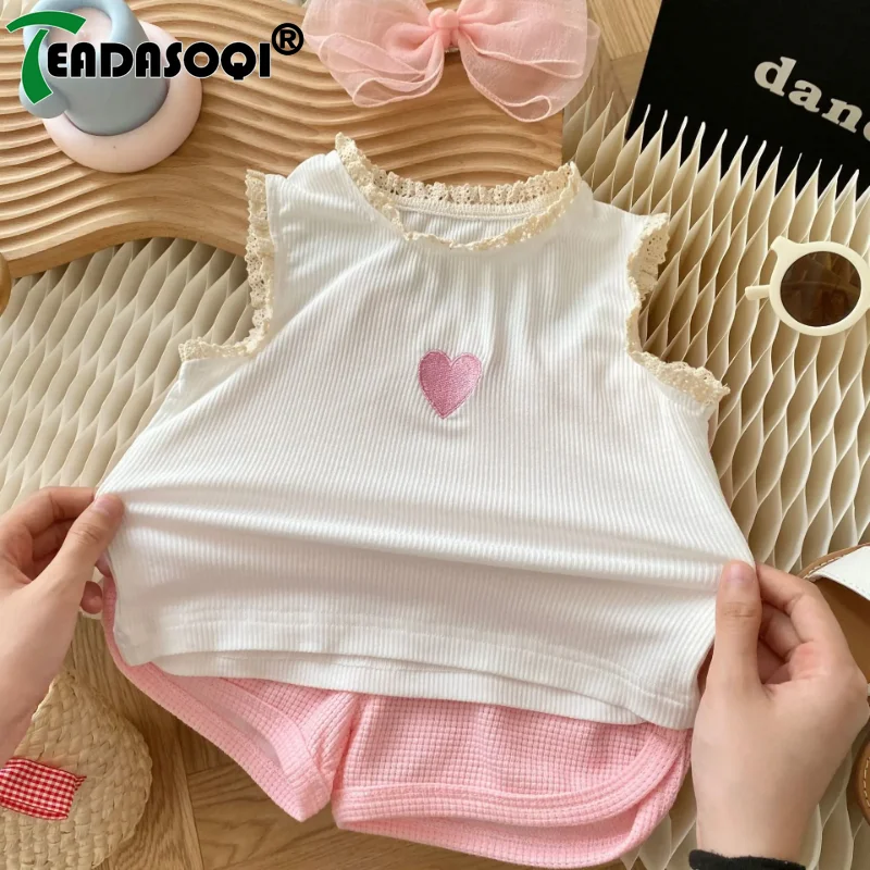 

0-6Y Summer Kids Baby Girls Cotton Clothes 2Pcs Set Sleeveless Lovely Heart Prints Frilly Tank Top+Shorts Newborn Infant Suit