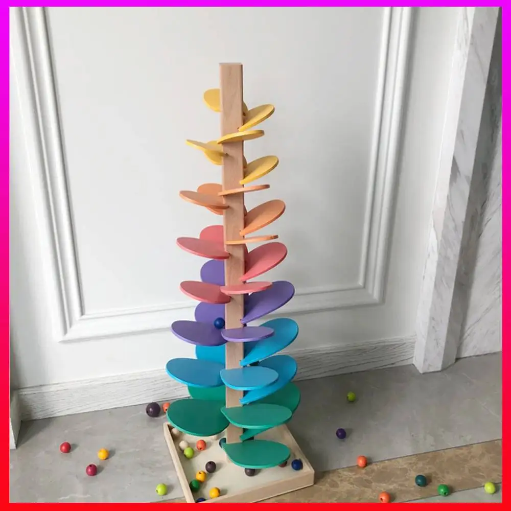 Arbres sonores de musique arc-en-ciel, assemblage de pétales en bois et balles de course en marbre, jeu de piste de course, jouet éducatif Montessori