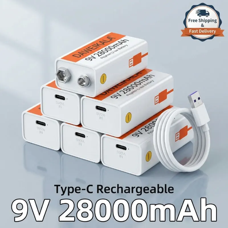 

9V Type-C Rechargeable Battery 28000mAh Li-ion for Multimeter Microphone KTV Remote Control Toy Electronic Gadgets